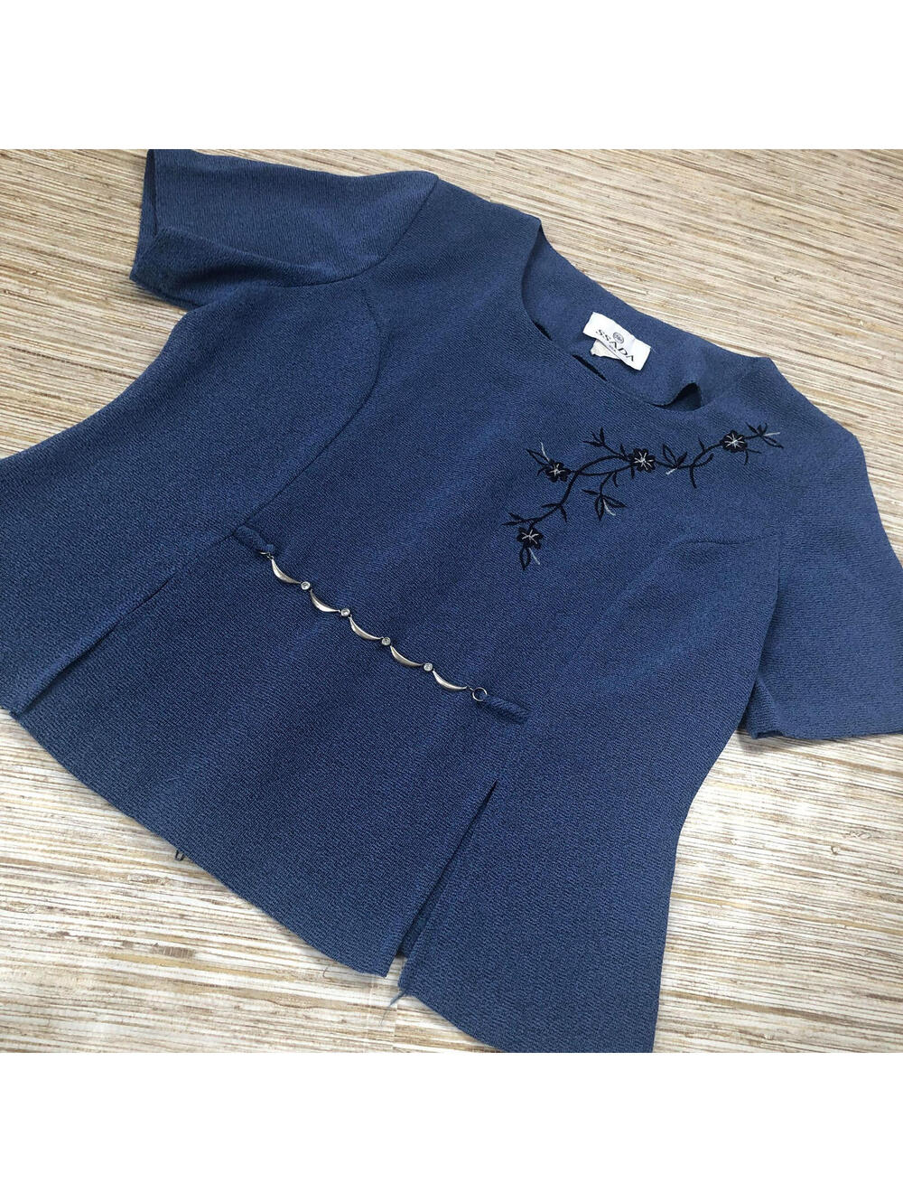 3071 Ssada vintage embroidered chain detail shoulder pad blouse BLUE sz M